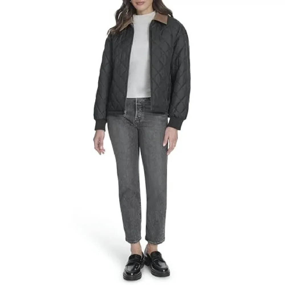 Quilted Diamond Jacket Corduroy Collar Rib Cuffs Zip Front
